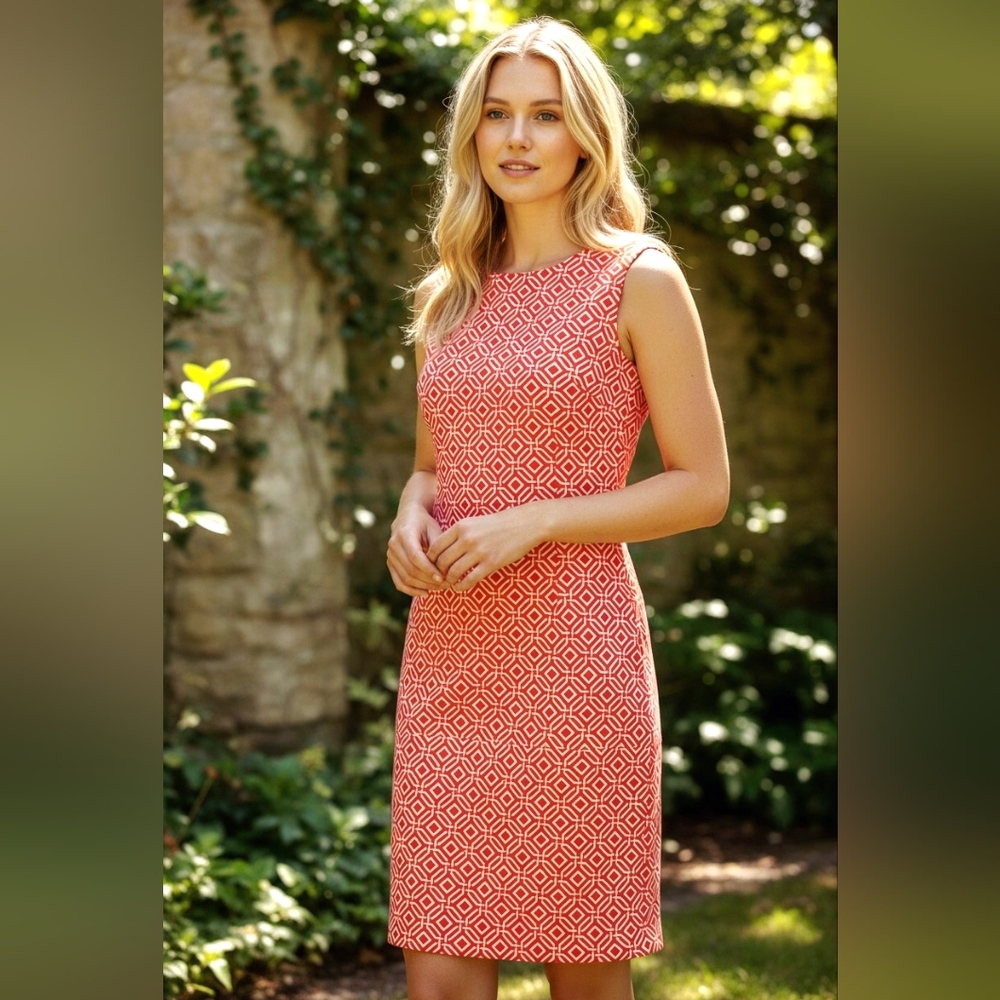Jude Connally Coral Geo-Print Sleeveless Sheath Midi Dress